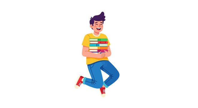 A joyful male student jumping while holding a stack of books.