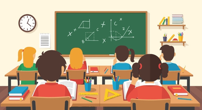 Cartoon illustration of school children sitting at desks in a classroom looking at a chalkboard with math formulas.