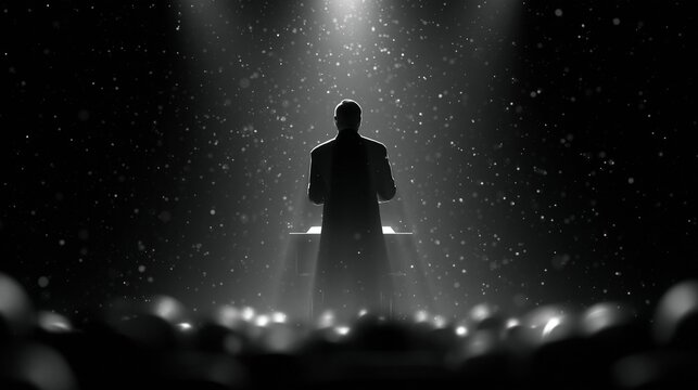 Cinematic monochrome 3D render showing a glowing sermon concept a pastor in silhouette at the pulpit emphasized with sharp rim light and softly blurred abstract audience under