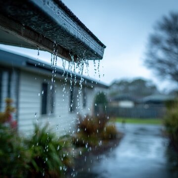Rainwater overflowing from a roof gutter during a storm in a residential neighborhood