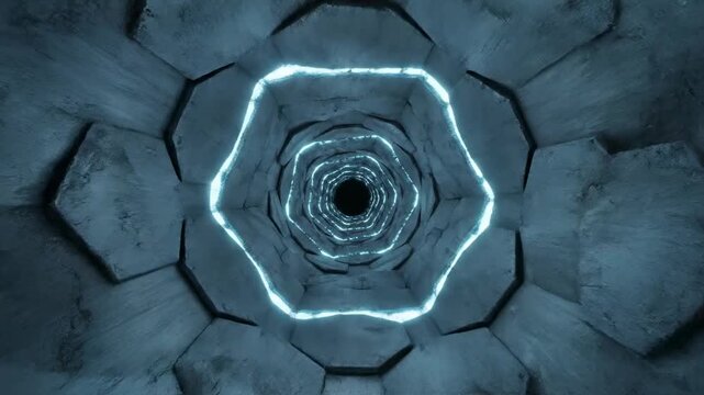 An endlessly receding hexagonal tunnel crafted from rough, angular stone formations, illuminated by an ethereal, glowing geometric light that pulses with cosmic energy and beckons viewers