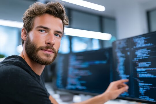 Confident young software developer with beard working on computer code in modern office environment. Focused programmer analyzing data on multiple monitors in a tech workspace