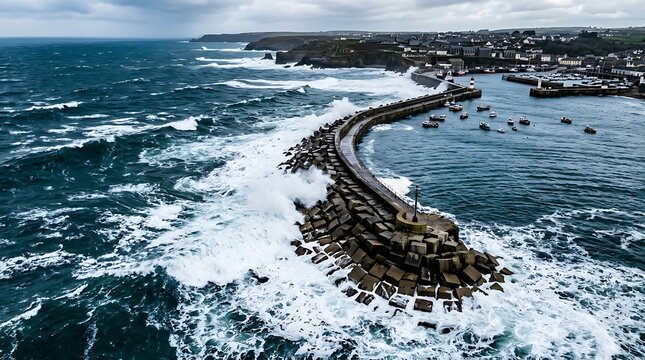 Aerial drone view of rough surf hitting protective stone breakwater pier