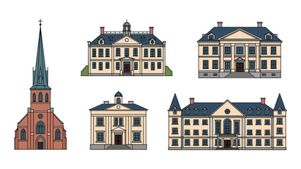 Obraz premium Set of various classical architectural structures including a church and grand houses provides a diverse collection of building design elements.