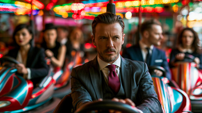 business men and women looking focused and serious in a row sat in bumper cars at the dodgems about to race