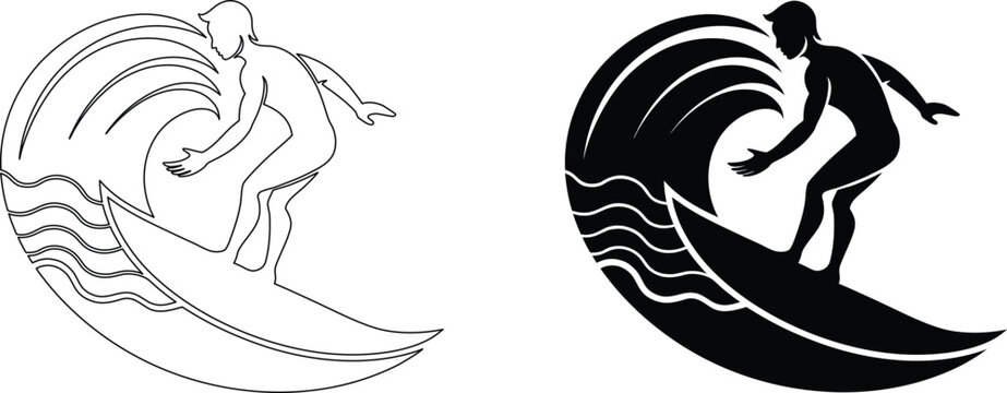 Surfer on a wave vector outline and glyph black and white illustration.