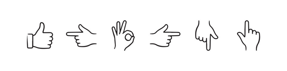 Fototapeta premium Vector icons of various hand gestures in a clean, hand-drawn outline style, featuring a pointing index finger, OK sign, left-pointing hand, thumbs up, downward-pointing hand, and a right-pointing hand