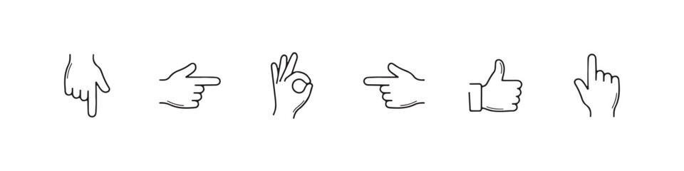 Fototapeta premium Vector icons of various hand gestures in a clean, hand-drawn outline style, featuring a pointing index finger, OK sign, left-pointing hand, thumbs up, downward-pointing hand, and a right-pointing hand