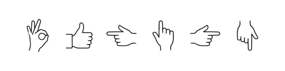 Obraz premium Vector icons of various hand gestures in a clean, hand-drawn outline style, featuring a pointing index finger, OK sign, left-pointing hand, thumbs up, downward-pointing hand, and a right-pointing hand