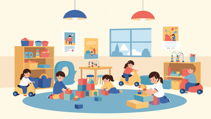Fototapeta premium Group of happy young children plays with building blocks and toy cars in a bright, well-organized classroom or indoor daycare facility.