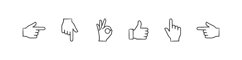 Fototapeta premium Vector icons of various hand gestures in a clean, hand-drawn outline style, featuring a pointing index finger, OK sign, left-pointing hand, thumbs up, downward-pointing hand, and a right-pointing hand