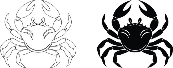 Fototapeta premium Smiling crab standing on waves, black and white outline vector illustration.