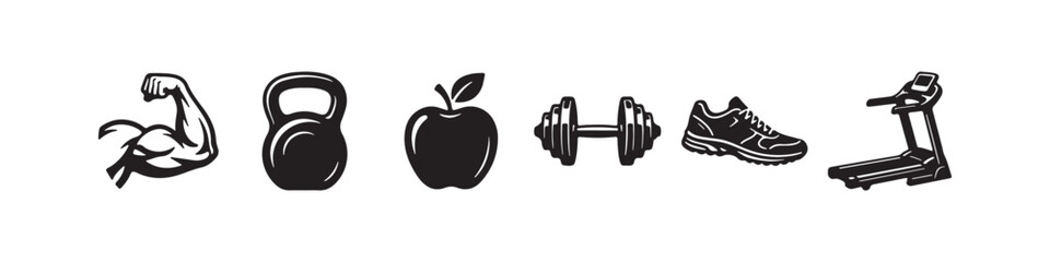 Fototapeta premium Vector icons representing fitness, bodybuilding, and a healthy lifestyle in a clean black silhouette style. The set features a flexing bicep with a wristband, a treadmill, a running sneaker, a crossed