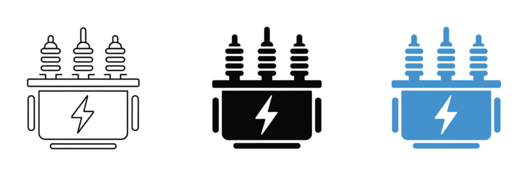 Electric Transformer Vector Icon Set Isolated Electrical Power Substation Electricity Grid Symbols for Industrial Power Distribution, Energy Control Systems, Smart Grid Technology, and Electrical 