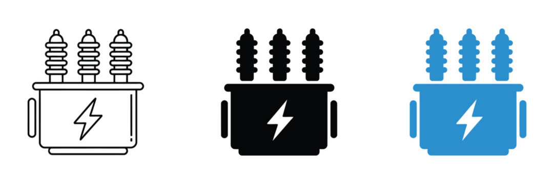 Electric Transformer Vector Icon Set Isolated Electrical Power Substation Symbols, Electricity Grid Industrial Power Distribution Systems, Energy Infrastructure, and High Voltage Transmission 