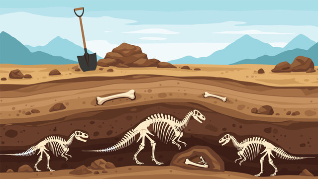 Cross-section of soil reveals several ancient dinosaur skeletons buried deep underground while a shovel sits on the surface above the dig site.
