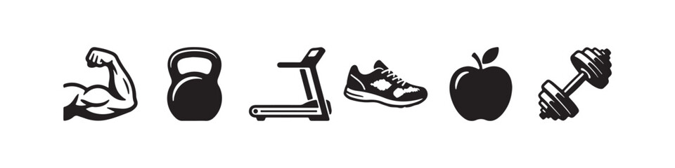 Fototapeta premium Vector icons representing fitness, bodybuilding, and a healthy lifestyle in a clean black silhouette style. The set features a flexing bicep with a wristband, a treadmill, a running sneaker, a crossed