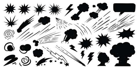 Set of black comic book explosion and action effect symbols for graphic design © Sharmin