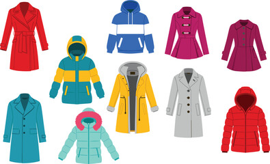 Winter Outerwear Fashion Vector Icon Set Featuring Various Colorful Coats, Jackets, Parkas, Hoodies, and Raincoats for Cold Weather Clothing Design © MstRakha