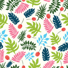 Naklejka premium Seamless Pattern with Colorful Tropical Leaves and Red Berries. Good for fabric, textile, decoration, clothing, wrapping, packaging and more.