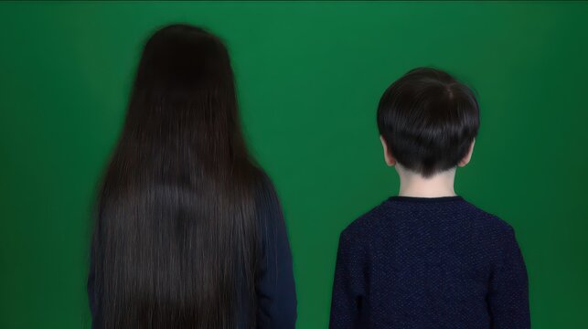 Two children stand with backs turned against green creating mysterious and unsettling atmosphere. Rear view emphasizes anonymity and suspense. For thriller, horror, and psychological concepts.

