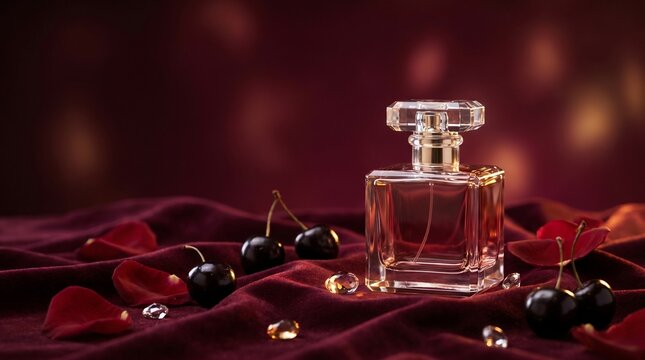 Elegant perfume bottle with dark cherries and rose petals on velvet