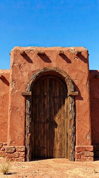 Adobe building entrance featuring arched wooden door and traditional southwestern architecture facade.