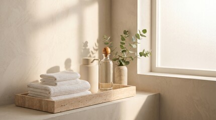 Serene bathroom decor with towels, eucalyptus, and natural light © Fervix Neon