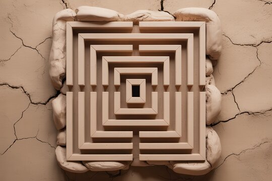 A square maze carved into dry cracked earth with a stone border