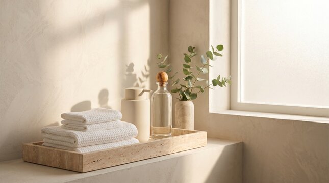 Serene bathroom decor with towels, eucalyptus, and natural light
