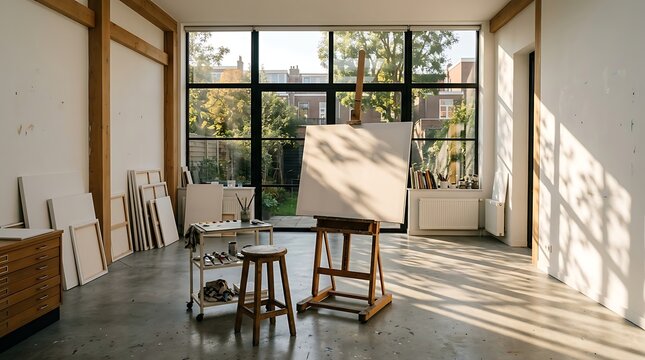 Artist studio interior with blank canvas on easel and painting supplies