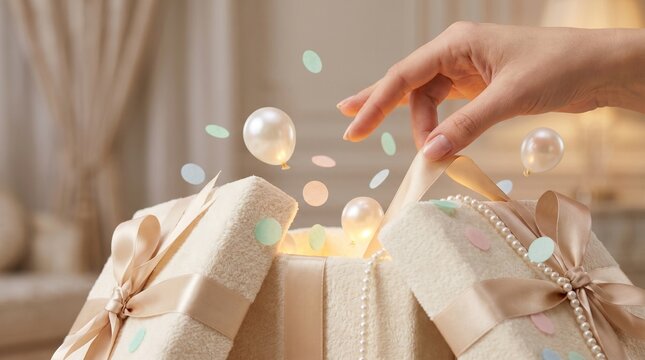 Hand opening magical gift box with floating balloons and confetti