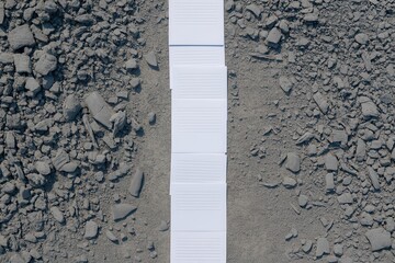 Fototapeta premium Aerial view of a vast rugged terrain with a long white pathway through rocky landscape