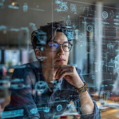 Obraz premium Asian Engineer Analyzing Futuristic Holographic Blueprints in Office