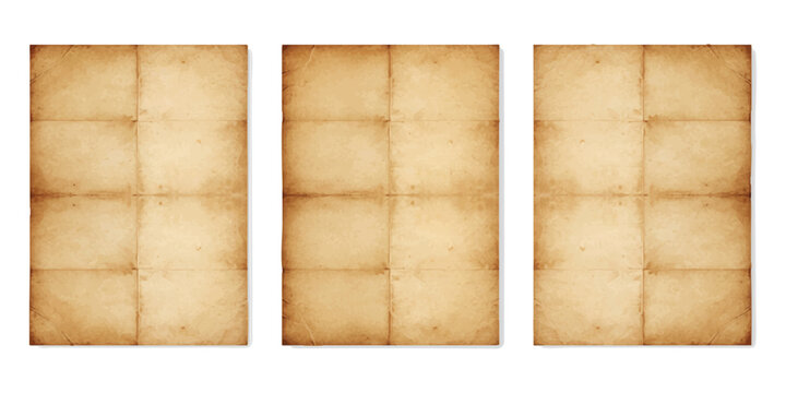 Three sheets of old vintage paper with fold lines and stained texture