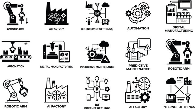 Smart Industry vector icon set. Featuring robotic arm, AI factory, IoT, automation, digital manufacturing, and predictive maintenance concepts.