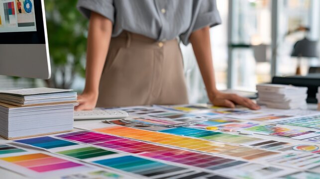 Creative designer standing at desk with colorful swatches and print samples, planning a vibrant project. Modern workspace filled with color palettes and professional design materials