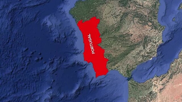 Portugal Country Highlighted in Red on Satellite Map Zoom In Animation