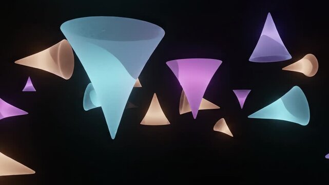 Abstract geometric forms in vibrant translucent hues gently float against an ethereal dark expanse, suggesting a whimsical cosmic ballet of fluid ethereal light and ethereal shapes in a surreal
