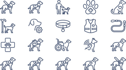 Obraz premium Service dog icons collection showing assistance animals with medical equipment and harnesses for disabled people support