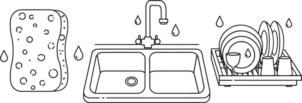 Kitchen sink with sponge and dish drying rack line art illustration for household cleaning and domestic chores concept design