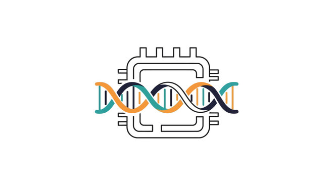 A digital illustration showing a computer processor integrated with a dna strand