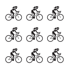 Obraz premium Black silhouettes of a female cyclist riding a road bike set on white background with silhouette