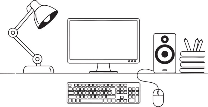 Minimalist computer workstation setup with monitor keyboard mouse lamp and stationery on a desk isolated vector illustration for office design concepts