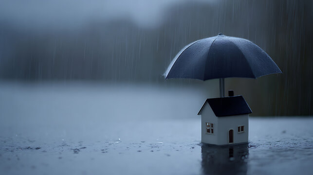 Model house under a protective umbrella in heavy rain, symbolizing property safety, security, and shelter from adverse conditions or financial risks