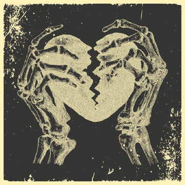 Gothic skeleton hands holding broken heart with distressed grunge vintage vector illustration.