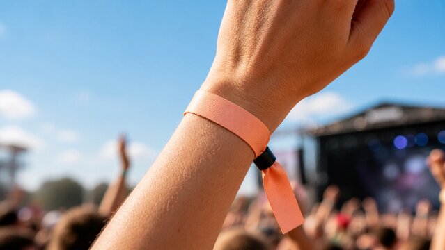 Blank orange paper wristband mockup on an arm at an outdoor summer music festival.