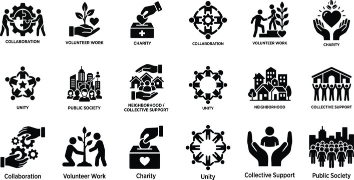Community and social connection icon set featuring collaboration, volunteer work, charity, unity, public society, neighborhood, and collective support symbols for social networking.