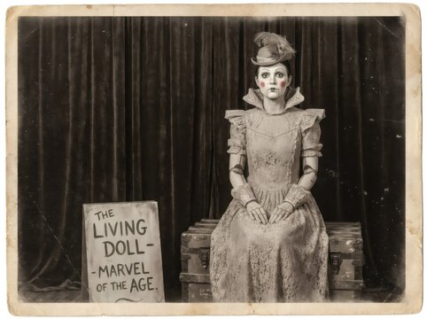 Woman dressed as a vintage automaton doll sitting on an old trunk. Retro theatrical costume performance art. Historical circus sideshow character with painted face and lace dress.