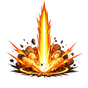 ​Explosive fire blast effect with smoke and debris on white background, cartoon style vector illustration.